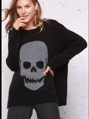 Wooden Ships Black Crewneck Sweater with Gray Skull